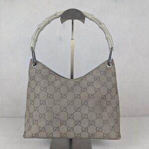 Auth Gucci GG Bamboo top handle Suede shoulder bag Gray Made in Italy